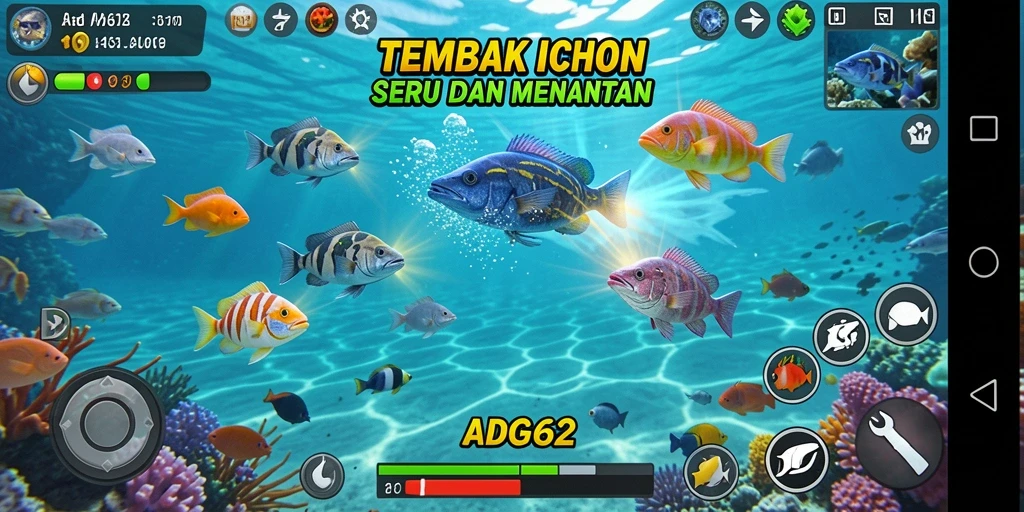 Tampilan gameplay ADG62 dengan aksi tembak ikan yang seru.