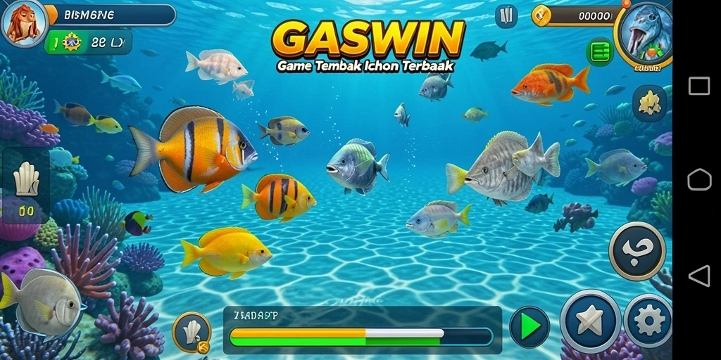 Screenshot menunjukkan gameplay seru dalam GASWIN saat menembak ikan.