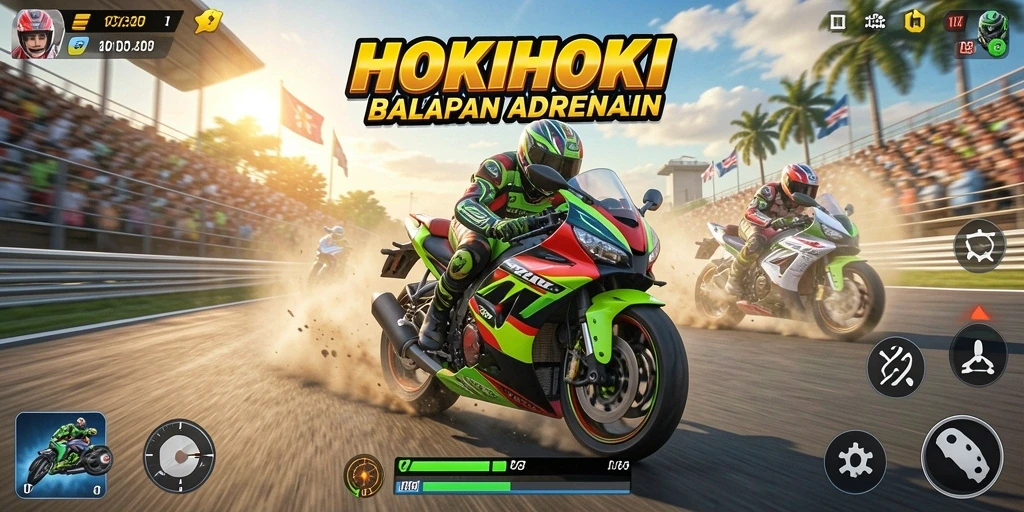 Tampilan gameplay HOKIHOKI yang mendebarkan dan penuh aksi balapan motor.